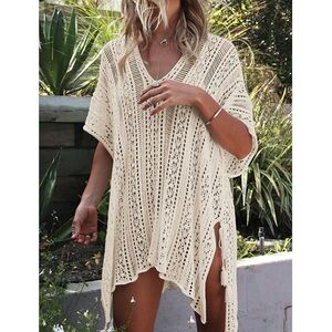 Boutique‎ Brand Crochet Tie Side Boho Mesh Beach Coverup Top, Beige - One Size